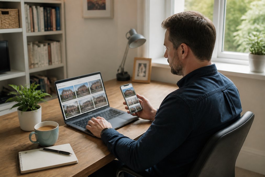 A landlord sitting at a home desk reviewing property maintenance dashboards on a laptop and smartphone, with a cup of tea and notebook nearby, calm and organised home office setting