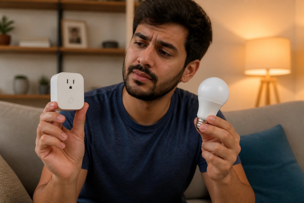 Diagram comparing a smart plug and a smart bulb to help choose a budget lighting approach for your home.