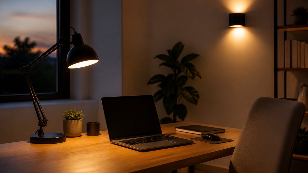 Warm task lamp and wall sconce creating layered ambient lighting at a tidy desk during dusk