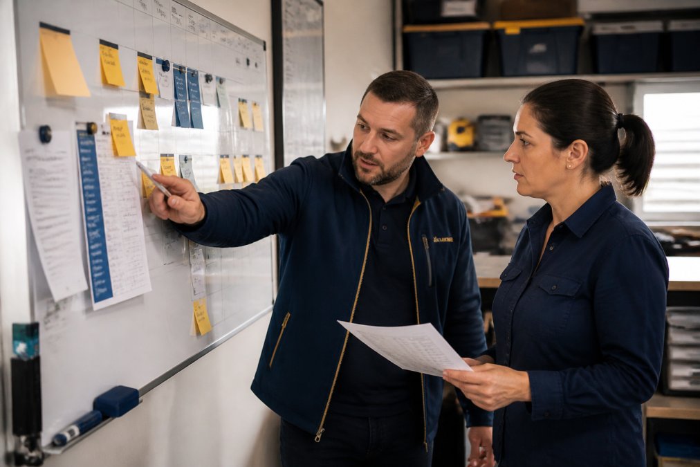 Business owner and manager reviewing sticky notes to optimize home service scheduling on a whiteboard