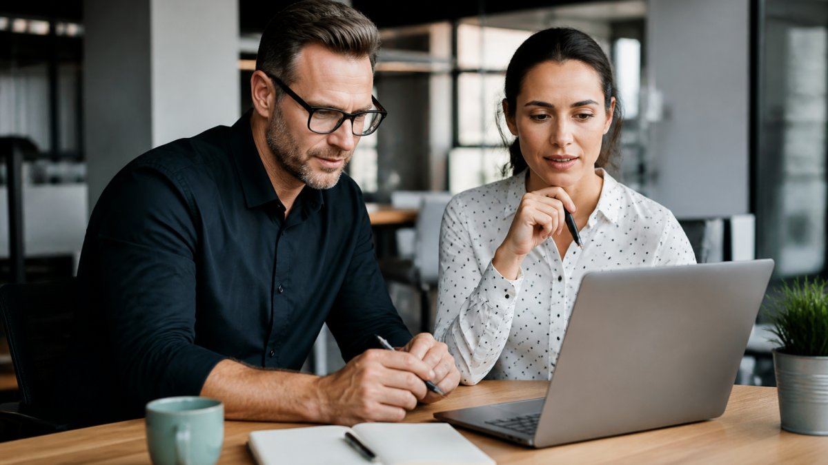 A small business owner and an operations manager reviewing HR software options on a laptop in a bright, modern office, with a notebook and coffee on the desk