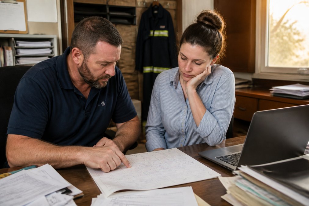 An HVAC business owner and office manager reviewing a paper calendar alongside a laptop at a cluttered desk in a small office, a field technician uniform hanging in the background, warm afternoon light through a window