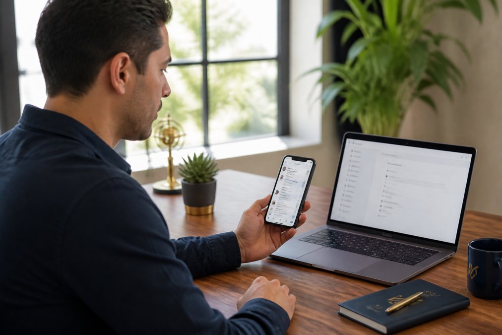 A small business owner at a tidy desk, smartphone in hand showing an Instagram conversation, laptop open beside it displaying a settings screen, warm natural light