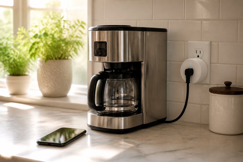 Close-up of a smart plug inserted into a white outlet with a stainless steel coffee maker plugged in, smartphone displaying a scheduling app on the kitchen counter with morning sunlight streaming through the window