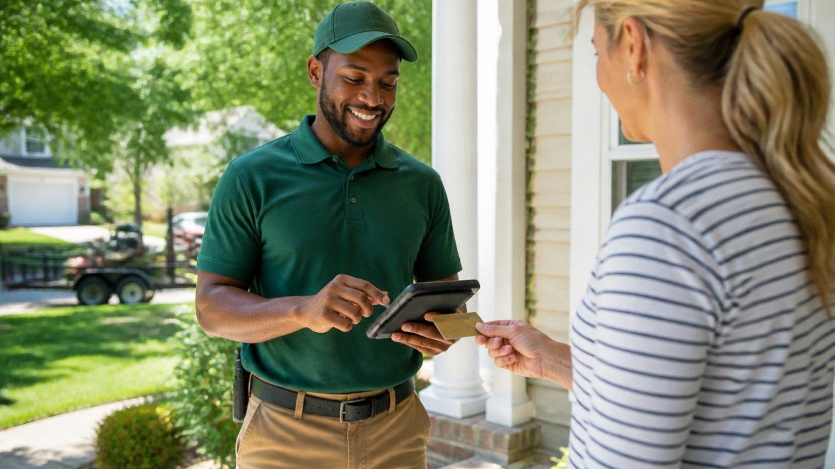 Lawn care crew member in uniform holding a tablet or smartphone at a residential customer's home, smiling while processing a payment, showing ease of on-site payment collection in natural daylight