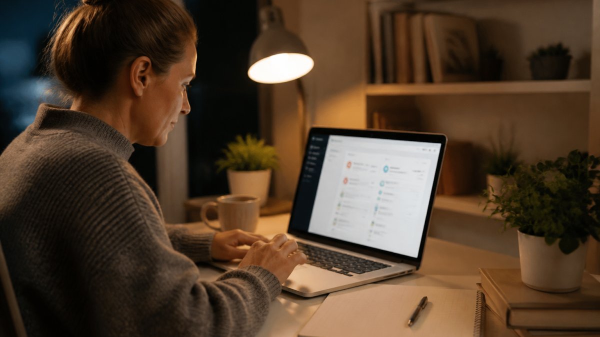 Parent working late at night on a laptop to automate lead generation from a cozy home office desk.