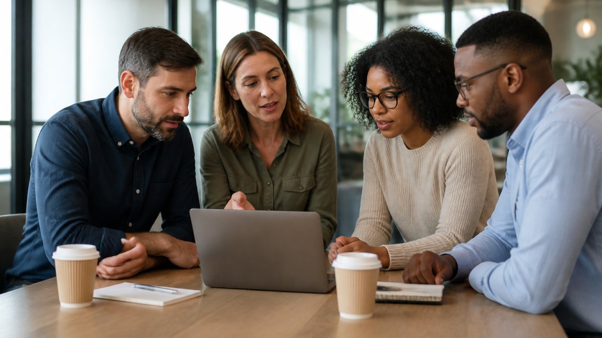 Small business team collaborating on a laptop to automate lead nurturing in a modern office environment