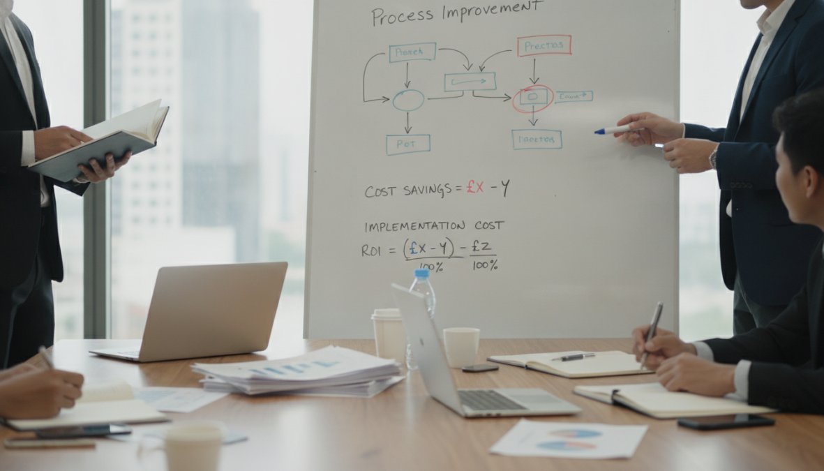 Business team reviewing workflow diagrams and metrics on a whiteboard during a process improvement meeting in a modern office