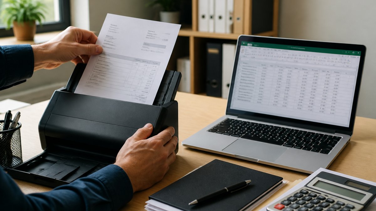 Close-up of hands scanning a paper invoice on a desktop scanner beside a laptop showing a spreadsheet of vendor payments, in a bright small-office setting