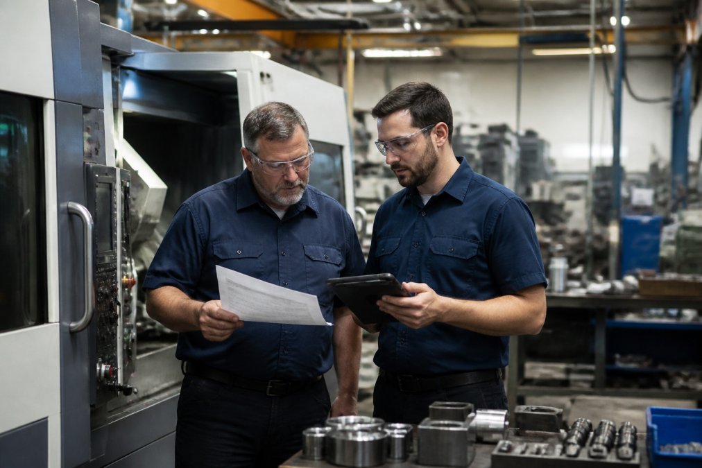 Operations manager and supervisor comparing paper records and a tablet for shop floor data entry at a CNC station