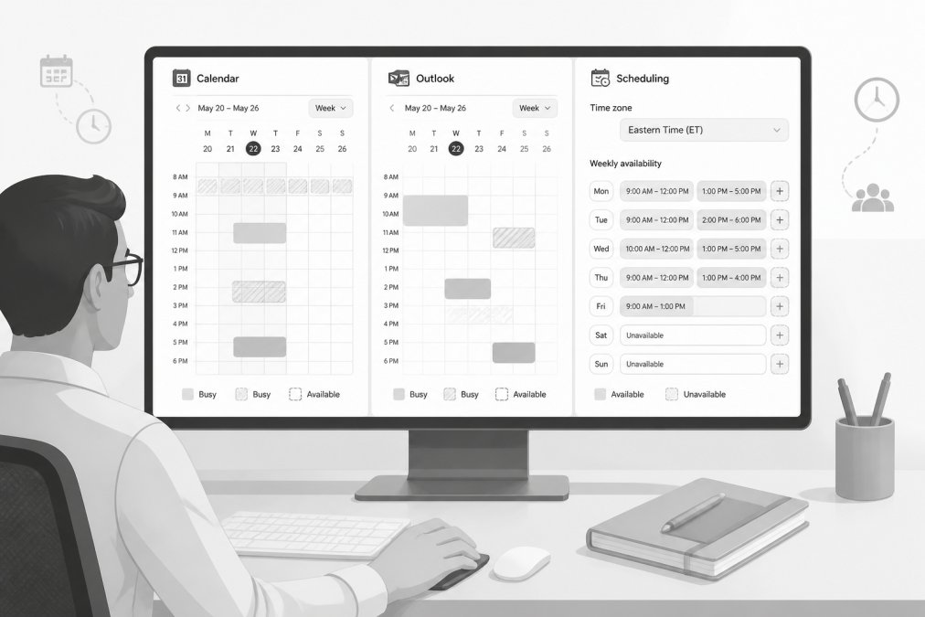 Professional at desk reviewing multiple calendar applications on computer monitor, showing Google Calendar, Outlook, and scheduling interface side-by-side with availability windows displayed