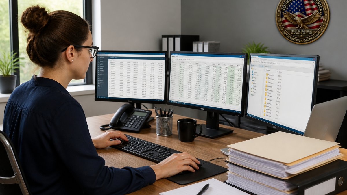 Bookkeeper working at desk with multiple computer monitors displaying accounting software dashboards, financial data spreadsheets, and organized files in a modern office