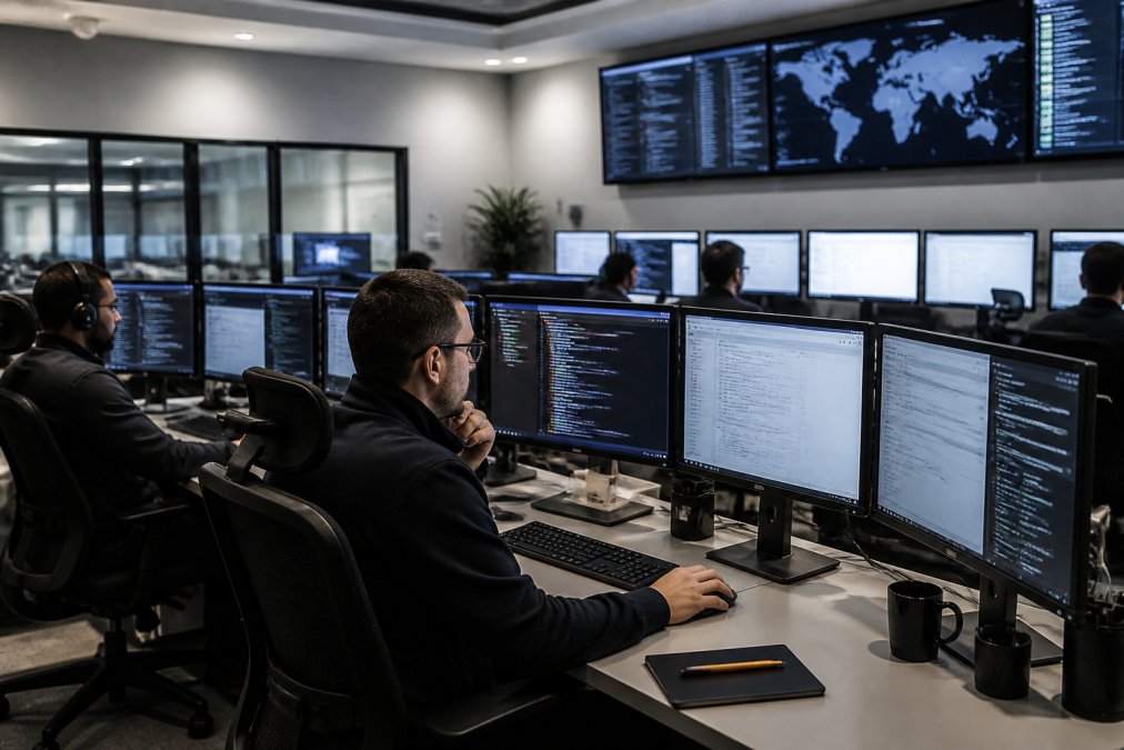 IT security team members working together at desks with multiple monitors displaying network dashboards and security alerts in a modern enterprise operations center