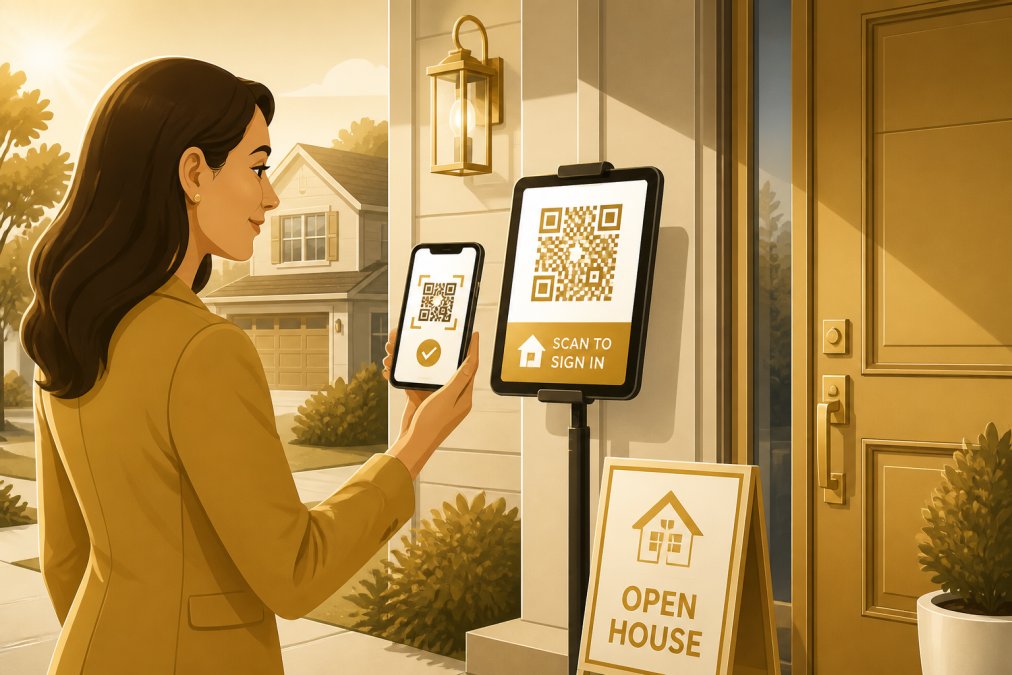 Real estate agent holding smartphone outside residential property entrance, showing QR code displayed on a tablet mounted near the front door, morning sunlight illuminating the scene