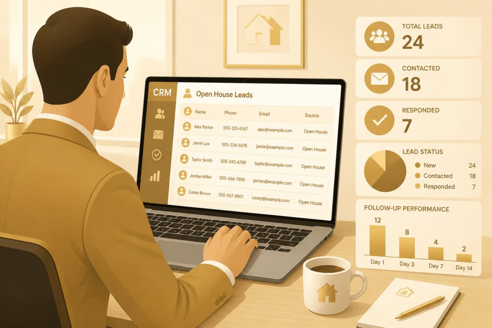 Real estate professional at desk reviewing open house lead data on laptop screen showing CRM dashboard with visitor information, coffee cup and notepad visible, natural office lighting