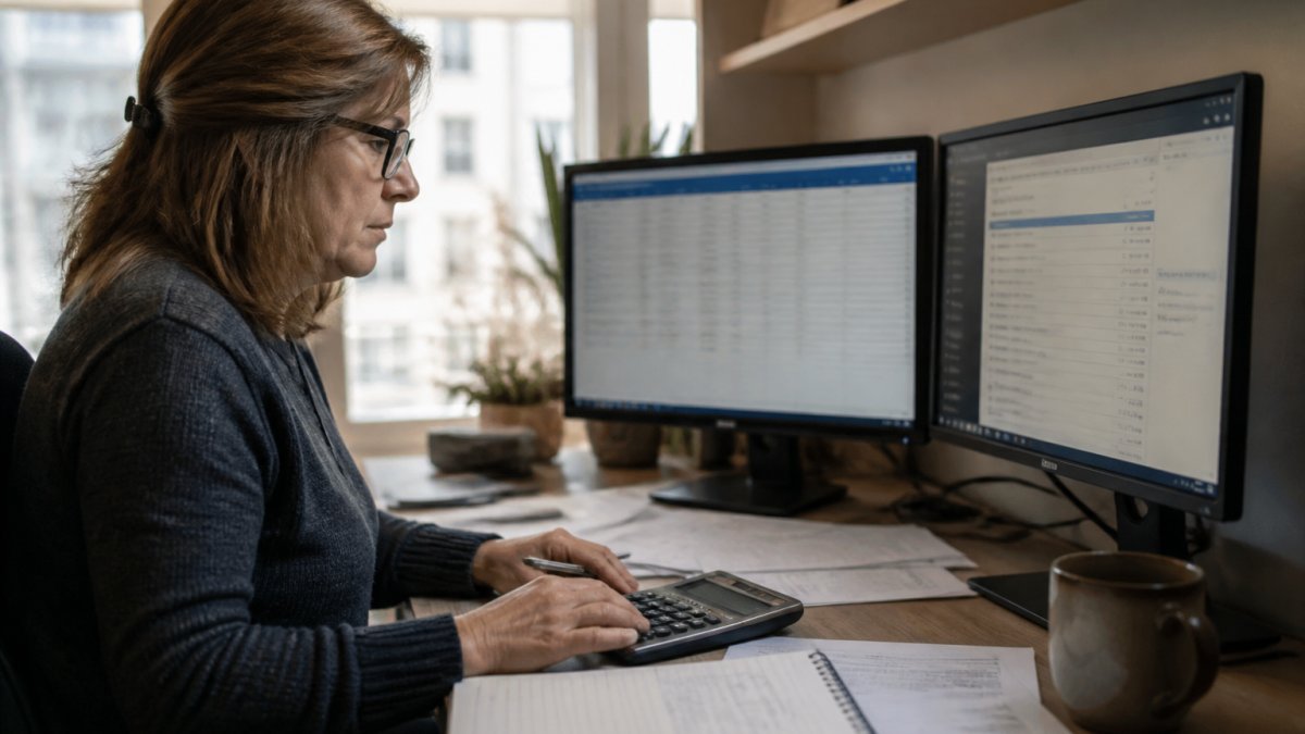 Accountant reconciling bank statements and reports for owner distribution reporting process