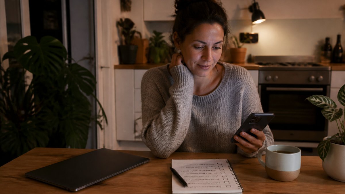 A woman in her thirties working from a kitchen table at night, smartphone in one hand and a notebook with a simple checklist beside a mug of tea, laptop closed, warm home lighting