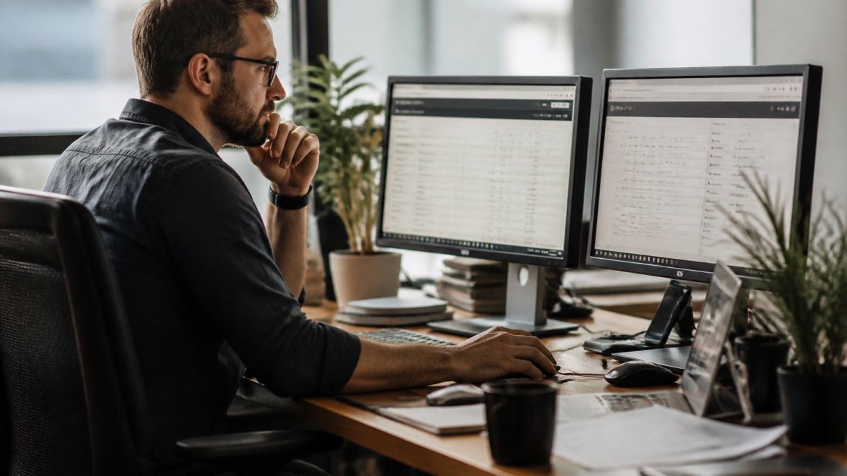 Professional reviewing email campaign metrics on multiple monitors at desk, analyzing open rates and reply data with focused expression in modern office