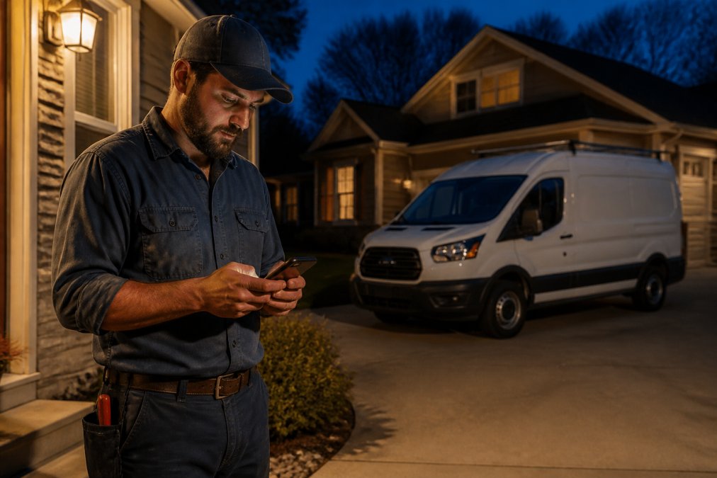 A plumber in work clothes checking his smartphone late in the evening, illuminated by porch light, with a service van parked in the driveway behind him and a residential home visible in the background, suggesting a service call being managed remotely