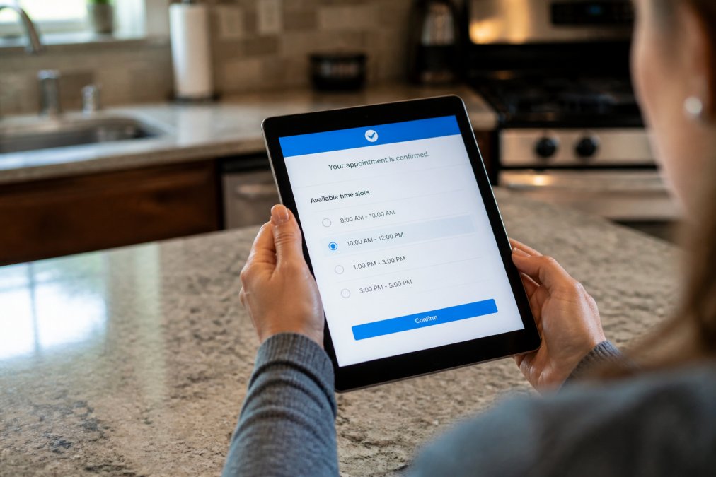 Close-up of a homeowner's hands holding a tablet on a kitchen counter, scrolling through a plumbing service booking confirmation screen showing appointment time slots and a confirmation message