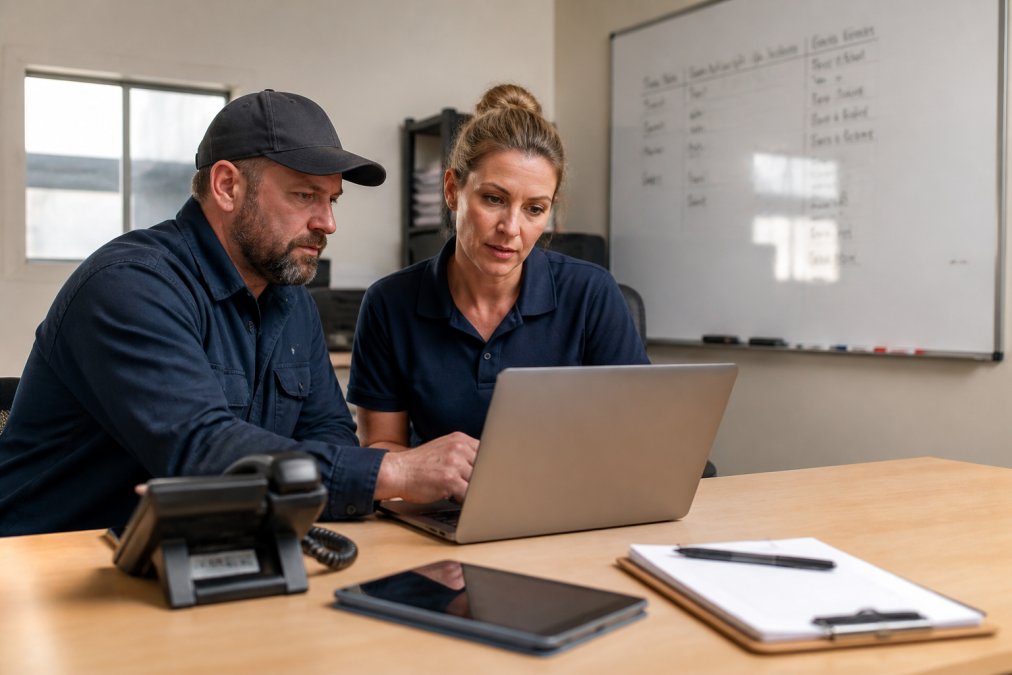 A plumbing business owner and an office manager reviewing incoming lead sources on a laptop and a wall-mounted whiteboard in a bright dispatch office, with a phone and tablet on the desk showing booking and call logs
