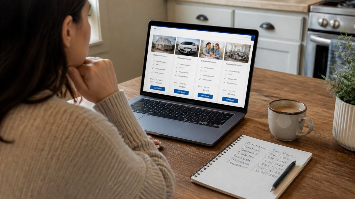 A person sitting at a kitchen table with a laptop open to an insurance comparison website, a notepad with handwritten policy details beside the laptop, and a cup of coffee nearby