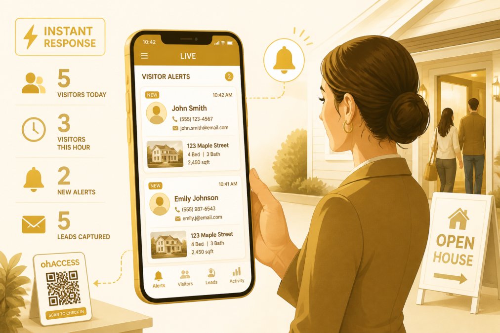 Real estate agent reviewing lead notifications on mobile device while managing an open house, showing real-time visitor alerts on the phone screen with property details and visitor information displayed