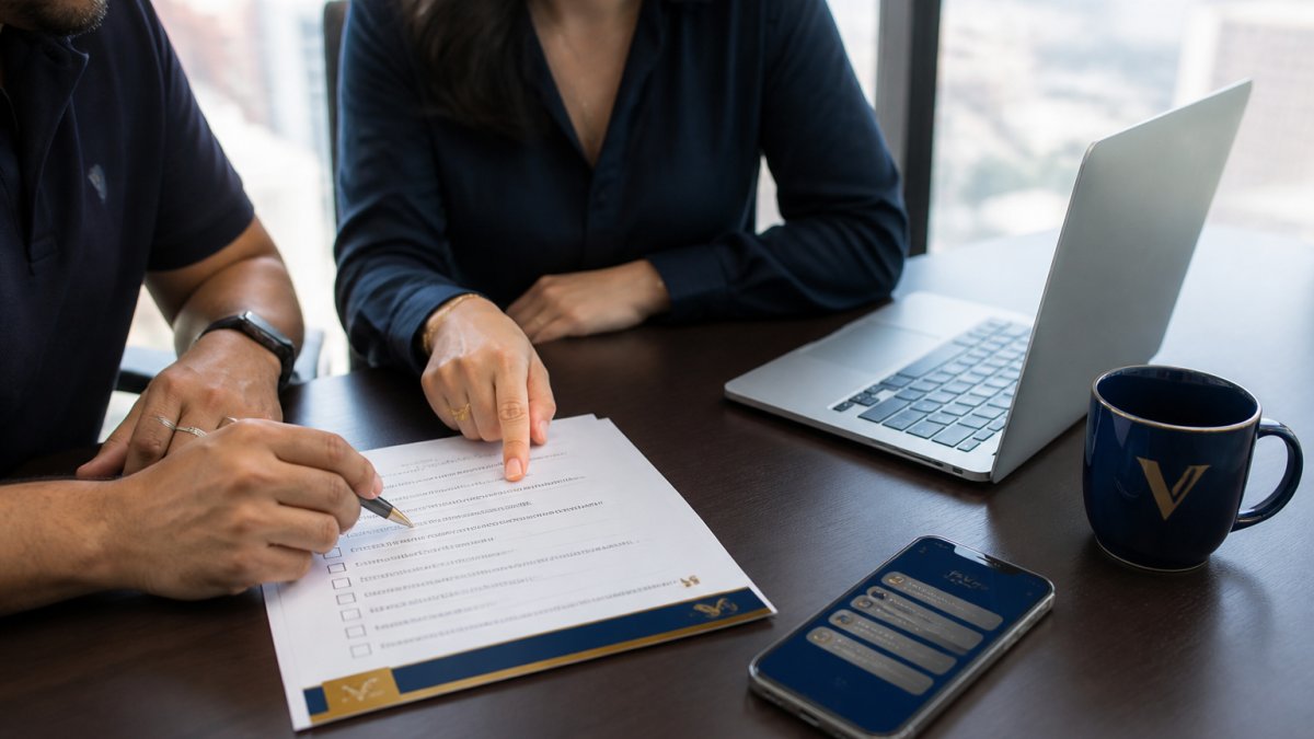 A small business owner and an operations manager reviewing a printed checklist of recurring tasks at a desk with a laptop open to a workflow builder and a phone showing new lead notifications