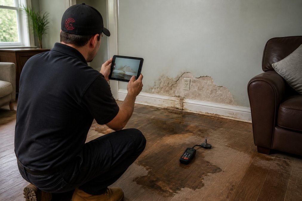 A restoration project manager in work clothes and safety boots holds a tablet to photograph water damage in a residential living room, a moisture meter on the floor nearby