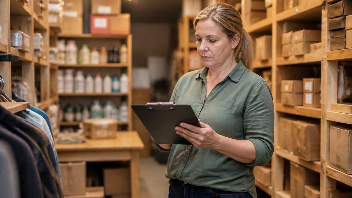Small retail shop owner standing in a back stockroom holding a clipboard, shelves of boxed inventory behind her, warm overhead lighting
