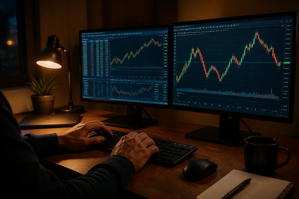 Close-up of a trader's hands on a keyboard, with a dual-monitor setup displaying the MT5 platform and candlestick charts, in a dimly lit home office at night