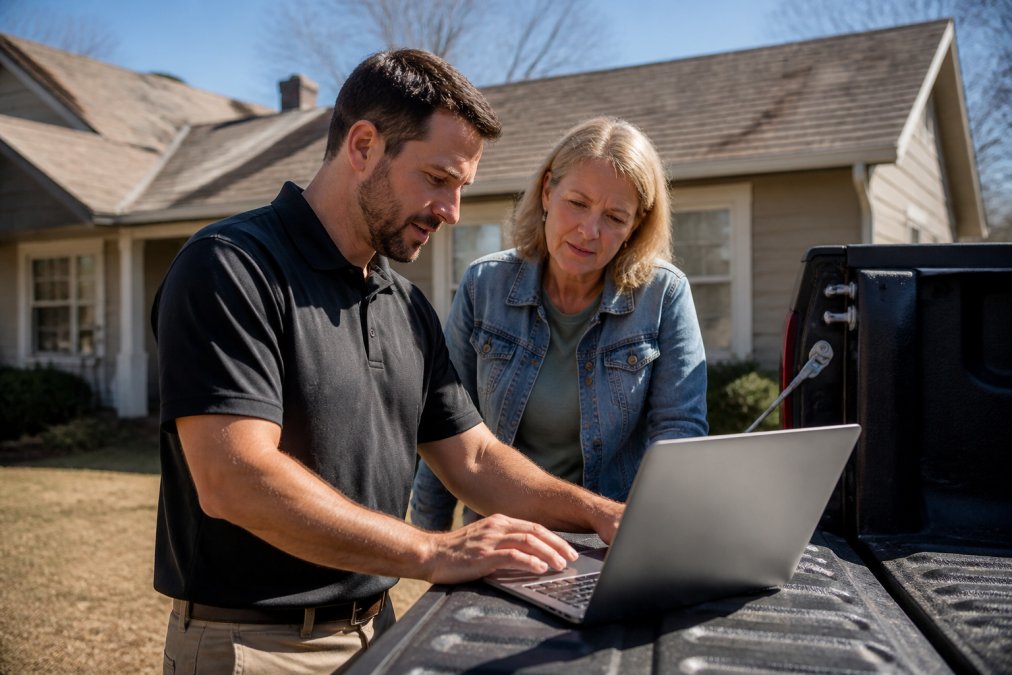 A roofing contractor in a branded polo shirt standing at a truck with a laptop open, reviewing a digital estimate with a homeowner in front of a house with an older roof