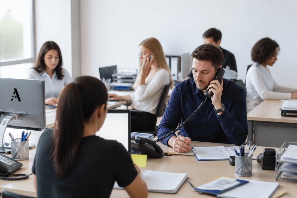 Service team managing multiple appointments and customer interactions simultaneously in a busy office environment, with staff coordinating schedules on computers and phones