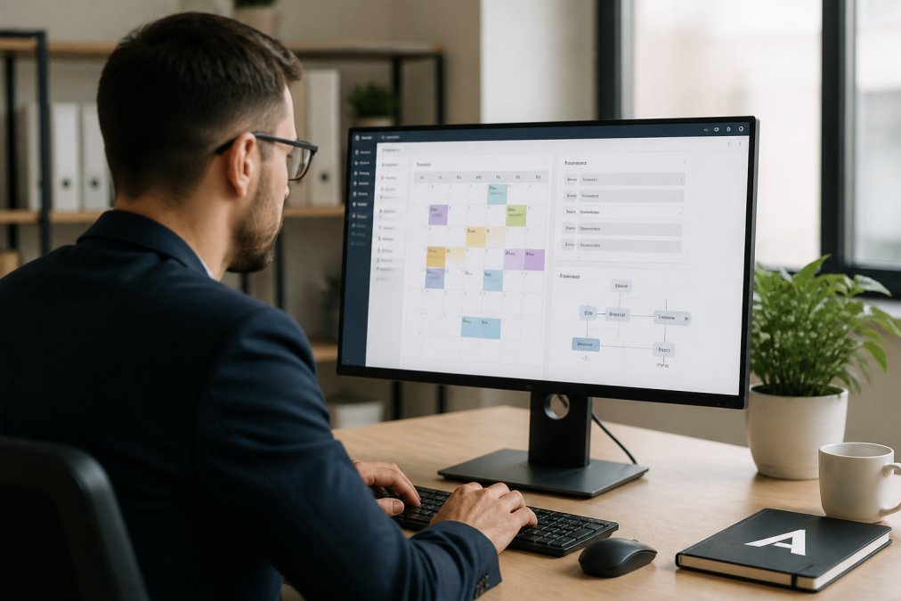 Business professional configuring scheduling software on a computer with calendar interface, booking system, and workflow automation visible on screen