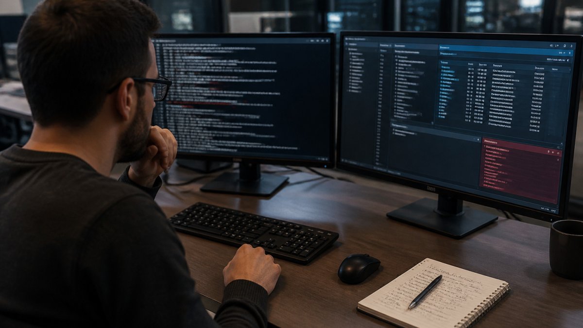 Security engineer reviewing automated test results on dual monitors during a security auditing session