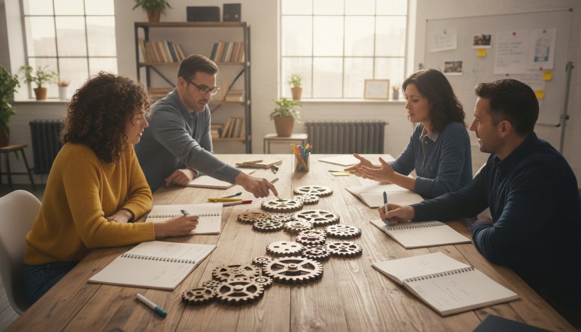 Team of content marketers collaborating at a long desk with multiple monitors displaying analytics dashboards, keyword clustering tools, and a content management system, warm office lighting, mid-afternoon