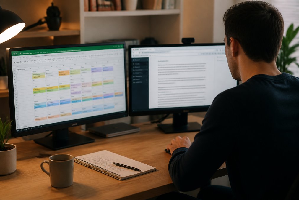 A person sitting at a desk with two monitors open, one showing a colour-coded content calendar spreadsheet and the other an AI writing interface mid-draft, with a spiral notebook and a coffee mug on the desk under warm overhead lighting