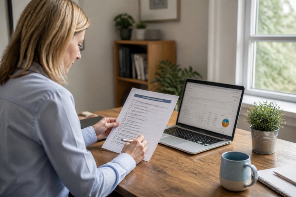 A small business owner reviewing a printed content checklist at a tidy wooden desk, with a laptop open showing a website analytics dashboard in the background, under natural window light