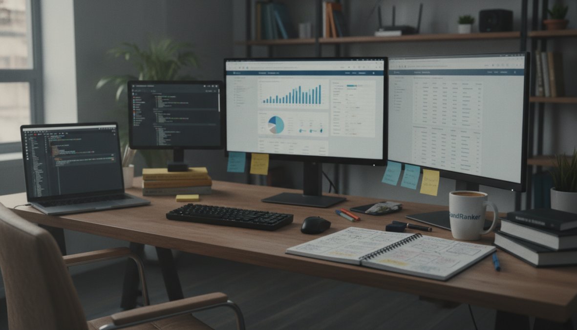 A marketer working at a desk with multiple screens displaying analytics dashboards, content calendars, and SEO tools in a modern office environment, with natural light from a window