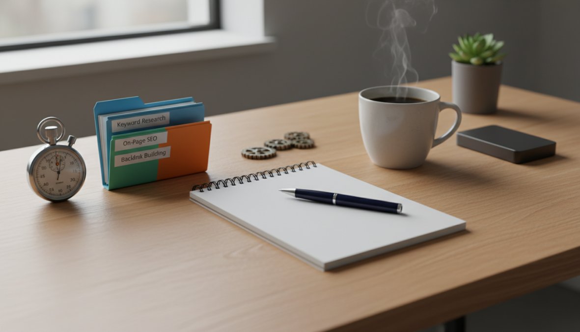 A startup founder sitting at a modern desk reviewing SEO dashboard analytics on a laptop, with a notepad and coffee nearby, bright natural office lighting