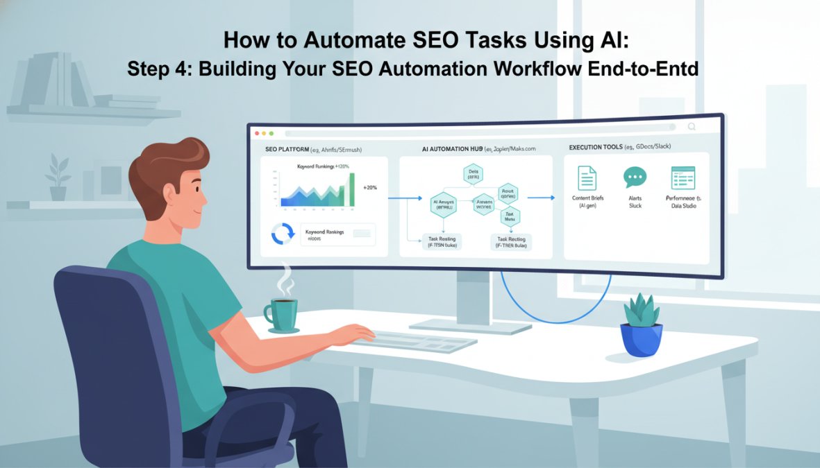 A digital marketer sitting at a desk with multiple browser tabs open showing SEO dashboards and automation tools, coffee nearby, focused expression in a modern home office with natural light coming through a window