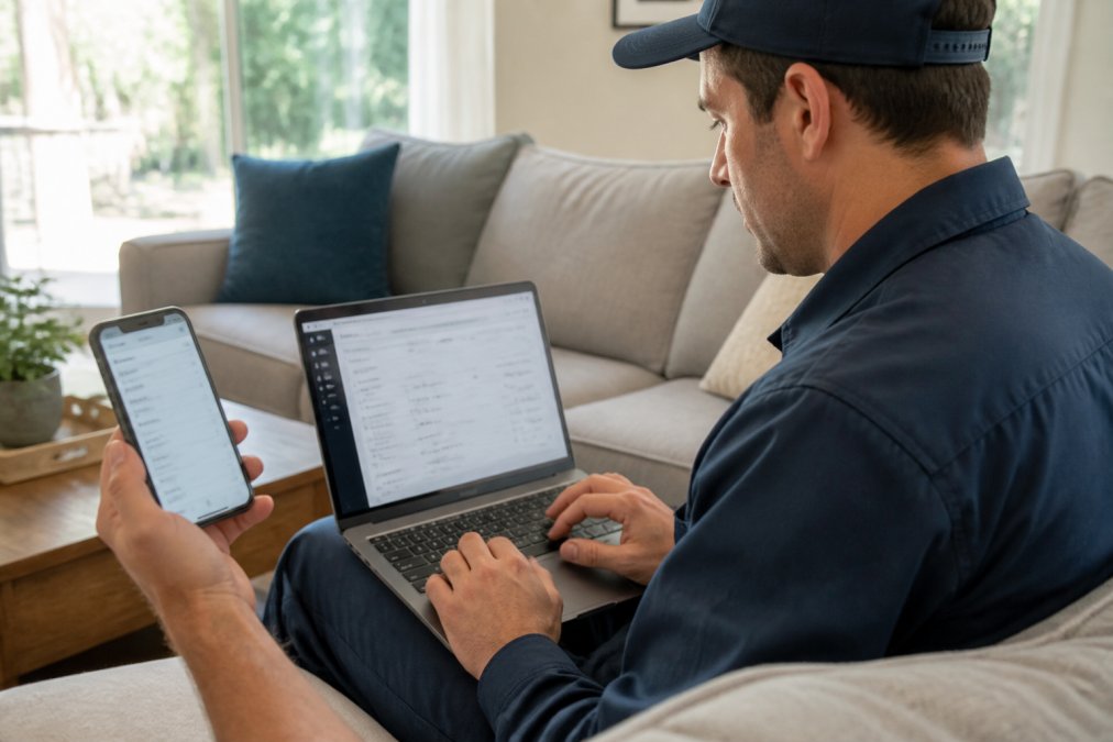 Professional service technician in work uniform reviewing appointment booking on laptop at customer's home, with smartphone showing booking confirmation in foreground, natural daylight streaming through window