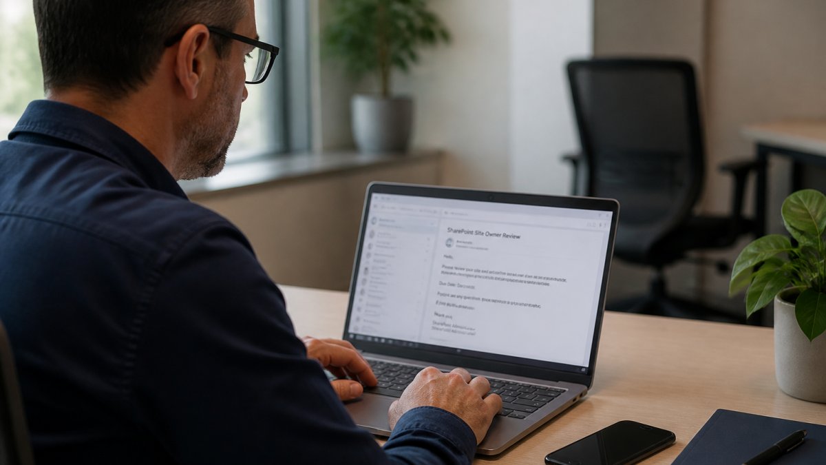 An IT administrator reviewing a site owner notification email on a laptop in a modern office, with a calendar showing a scheduled review date on the screen