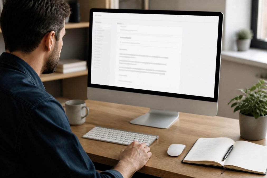 Business owner sitting at a desk reviewing an order confirmation email template on a computer monitor, with a notepad and coffee cup nearby, natural office lighting