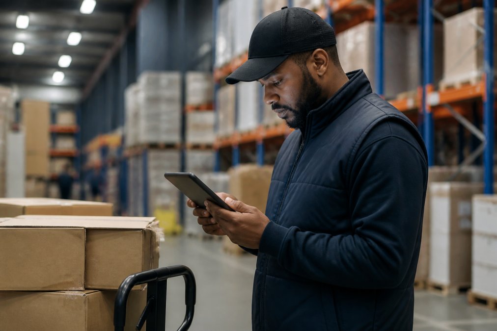 Logistics professional reviewing order tracking information on a tablet in a modern fulfillment center warehouse environment, with packages and shelving visible in background