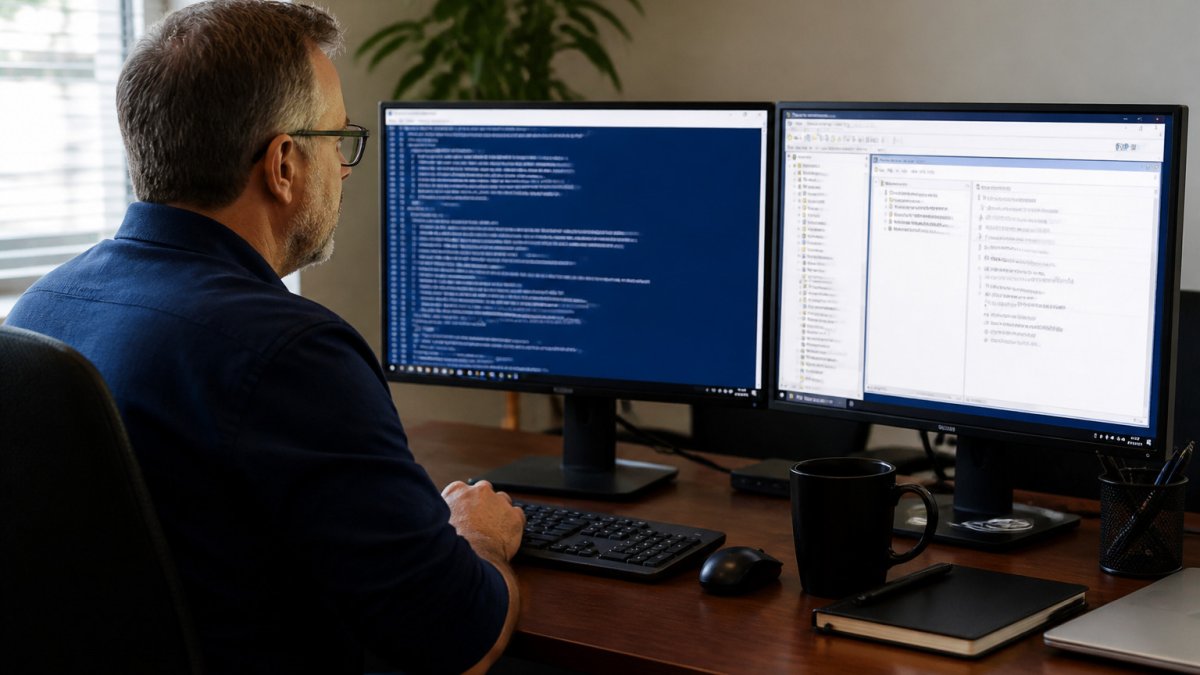 Database administrator reviewing PowerShell and SQL Server documentation on a dual-monitor office setup