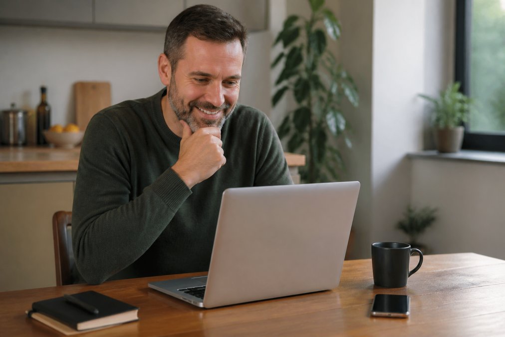 Business owner checking backup status on a laptop screen in a home office setting, with relief visible on their face as they review successful backup notifications