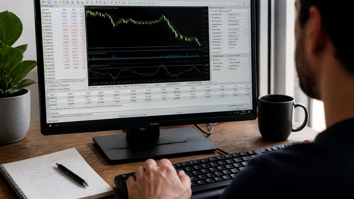 Professional trader's desktop monitor displaying MetaTrader 5 platform with live XAUUSD charts, technical indicators, and account settings visible, hands positioned at keyboard with trading journal nearby