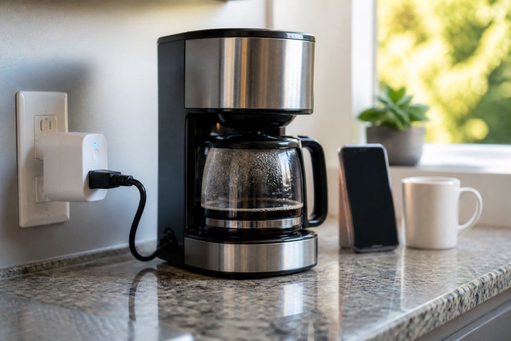 Close-up of a smart plug with blue indicator light connected to a stainless steel coffee maker on a granite kitchen counter, smartphone displaying automation app visible in background with natural morning light streaming through window