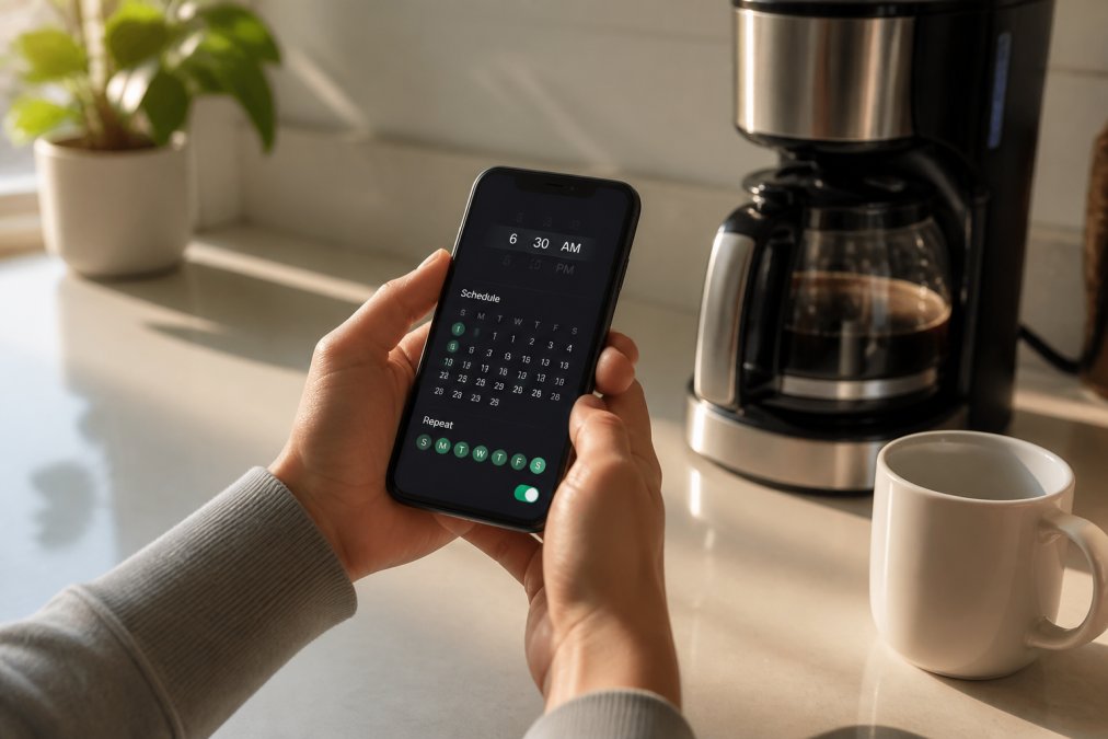 Hands holding smartphone displaying smart home app interface with timer settings showing 6:30 AM brew time, scheduling calendar, and recurring weekday toggle, soft morning light on kitchen counter